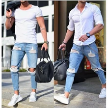 2018 Homens Elegantes Calcas Jeans Rasgado Biker Skinny Slim Reta Calcas Jeans Desgastados Novas Moda jeans skinny homens Roupas
