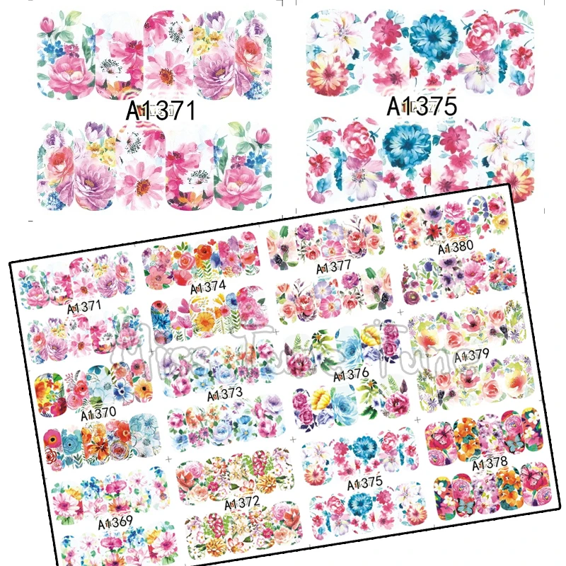 12 Flowers Styles Large Nail Art Water Transfer Nail Stickers Decal Full Cover Tips Spring
