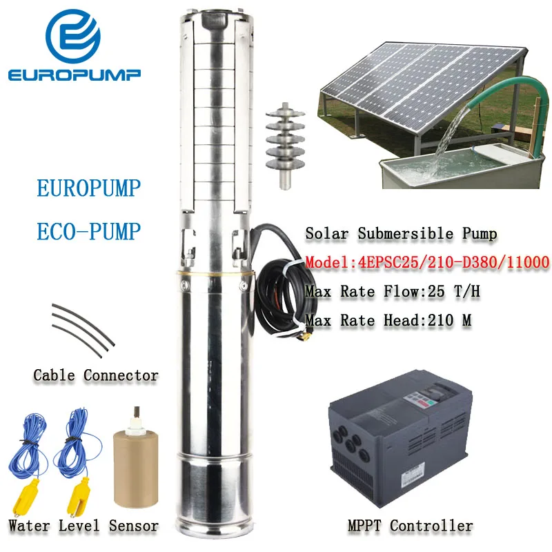 EUROPUMP 4 дюйма 15HP 25000LPH 210 м подъемные солнечные погружные насосы, Солнечный водяной насос MPPT модель контроллера(4EPSC25/210-D380/11000