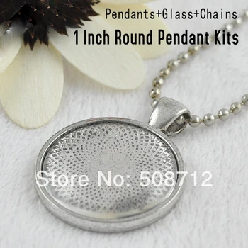 

30sets 25mm antique silver Pendant Trays with Glass Cabochons and Link or Ball Chains Choice of Colors
