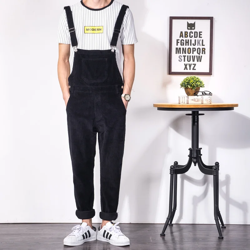 Mens Grey Black Corduroy Bib Overalls 2017 Spring Autumn Korean Fashion
