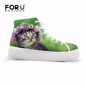 

Women Platform Shoes High-top Fashion Creepers Shoes for Teenage Girls Cute Animal Cat Print Flat Shoes Ladies Sapato Feminino