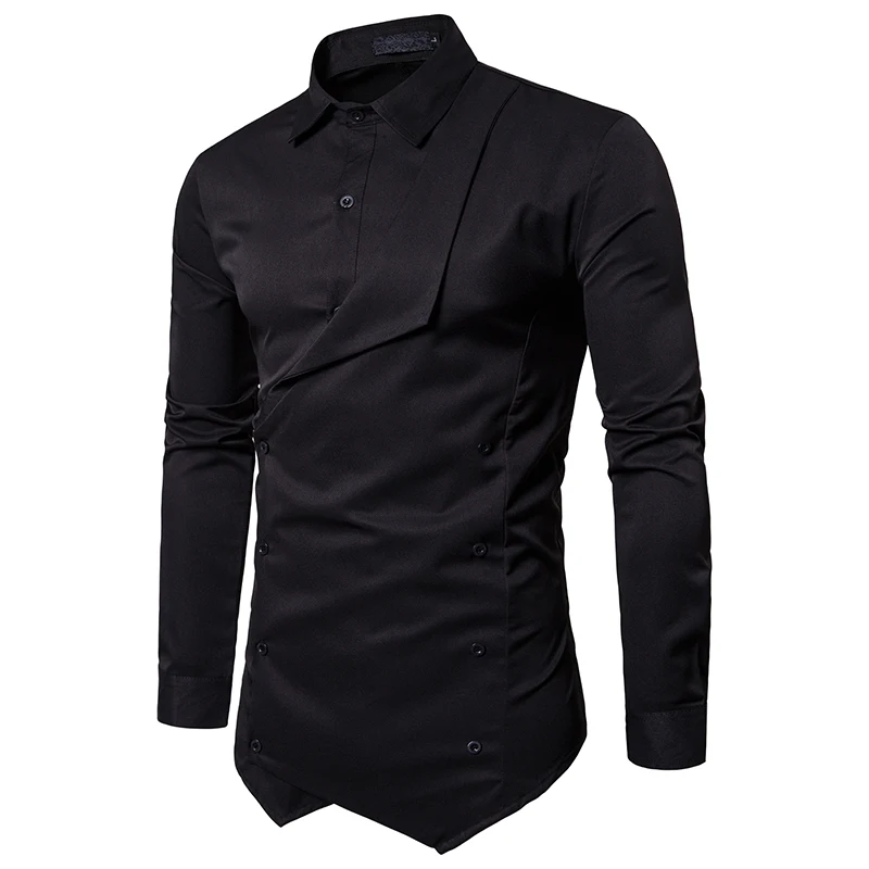 2018 New Brand Men Shirt Fake two Double Breasted Dress Shirt Long Sleeve Slim Fit Camisa Masculina Casual Male  Shirts M-XXL