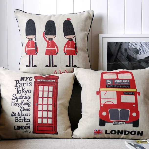 Ретро британский флаг и автобус Подушка с изображением Лондона льняная подушка офис Домашний Декор диванные подушки 45 см* 45 см 3 шт./партия
