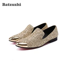 Batzuzhi Luxury Men Shoes Metal Toe Gold Glitter Leather Dress Shoes Loafers Men Flats for Men Wedding and Party Zapatos Hombre vivodsicco fashion gold metal signature shark tooth genuine leather men loafers carved bullock party men printing dress shoes