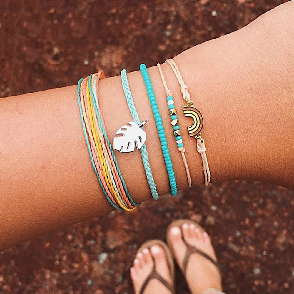 

4 Pcs/set Bohemian Fashion Retro Rainbow Beaded Leaves Color Rope Woven Bracelet Set Women's Simple Jewelry Accessories