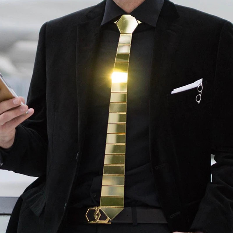

Handmade Geometric Shape Gold Mirror Chrome Space Stripe Tie