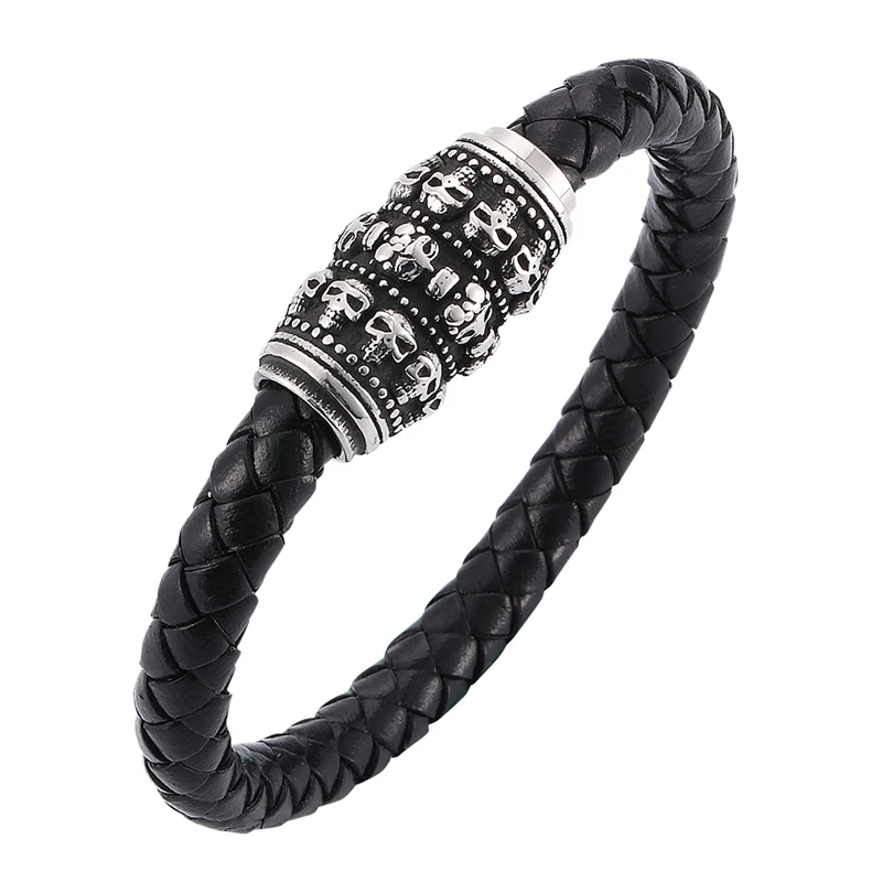 

Punk Men Jewelry Braided Leather Bracelet Skull Stainless Steel Magnetic Clasps Bangle Fashion wristband BB0070