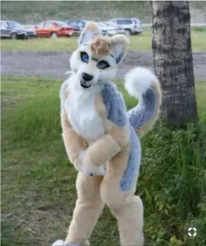 

High Quality Long Fur Brown White Husky Dog Fursuit Mascot Costume Suit Cosplay Fancy Party Game Dress Adult Size 2019 New