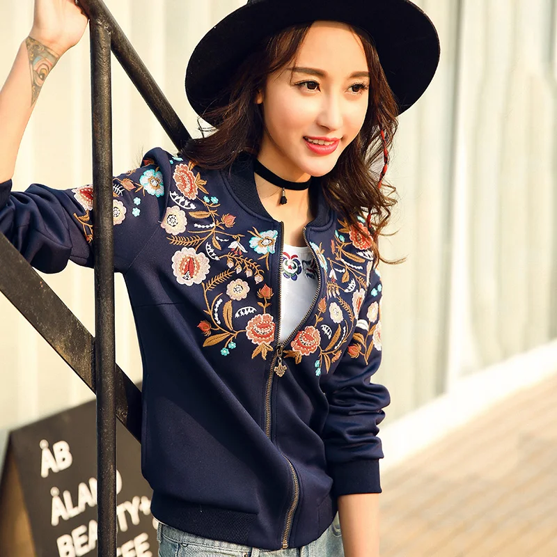 

Women tops autumn royal embroidered vintage floral short coat high-end long sleeve lady casual baseball jacket coat female S-4XL