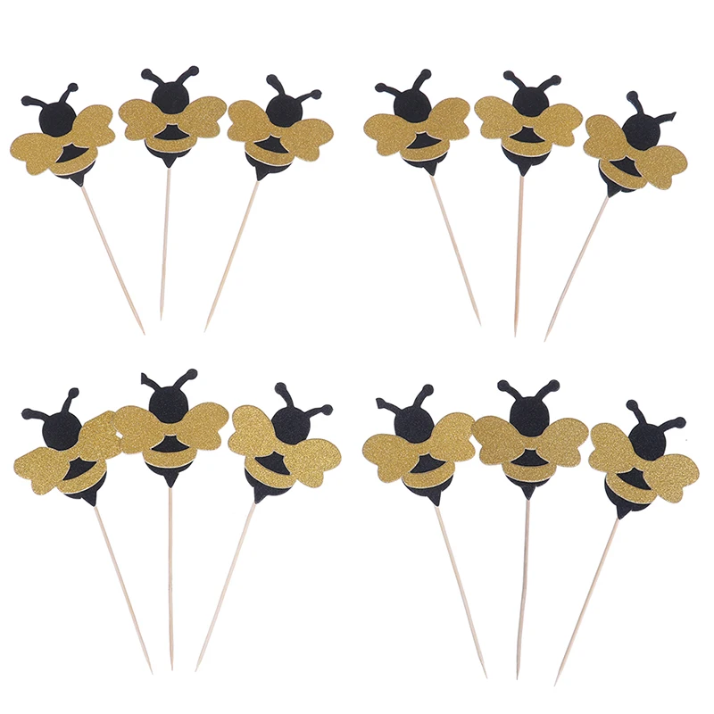 

12pcs Honeybee Fruit Dessert Decorative Food Picks Supplies For Kids Birthday Party Paper Shiny Cake Topper Bee Cupcake Toppers