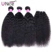 UNICE Hair Brazilian Kinky Straight Human Hair 3 Bundles With Closure 4x4 Natural Color Hair Weaves Extension Remy Hair