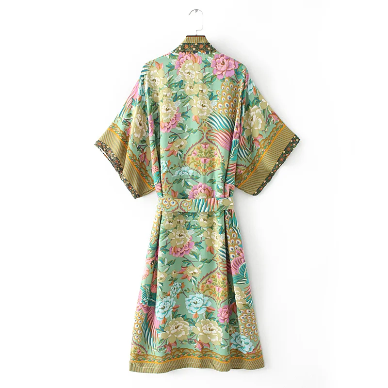 Винтажное шикарное женское пляжное платье в богемном стиле с цветочным принтом и рукавом летучая мышь, кимоно, женское платье с v-образным вырезом и кисточками, богемное платье из вискозы vestidos