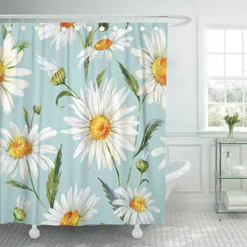 

Fabric Shower Curtain with Hooks Pink Flower Watercolor Floral Pattern Daisy White Gentle Chamomile Medicinal Plant Blue