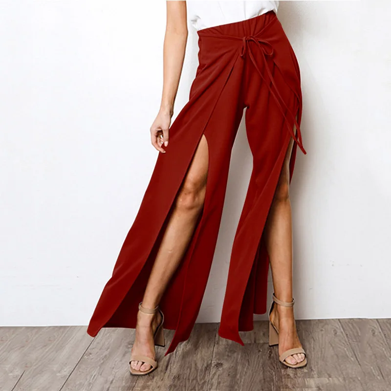 

Casual High Waist Wide Leg Pants Women 2019 Summer Autumn Beach Split Trousers Female Holiday Capris Bandage Lace Up Wrap Pants