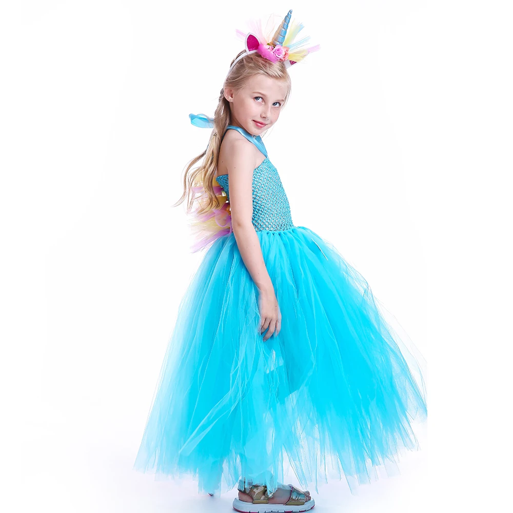 Blue Girls Halloween Unicorn Tutu Dress With hair Hoop Kids Cute Pony Ankle length (10)