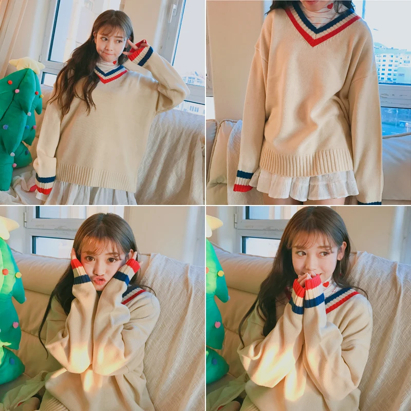 2018 إمرأة اليابان kawaii ulzzang كتلة اللون الخامس الرقبة سترة فضفاضة الإناث البلوزات الكورية فاسق harajuku ملابس سميكة للنساء