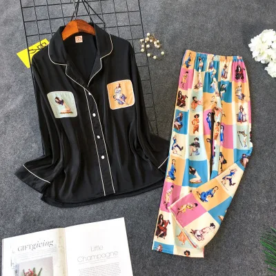 Daeyard, Женский пижамный комплект, шелковые рубашки и штаны, 2 предмета, пижама для девочек, Милая Ночная рубашка, одежда для сна, контрастный цвет, повседневный домашний пижамный комплект - Цвет: black