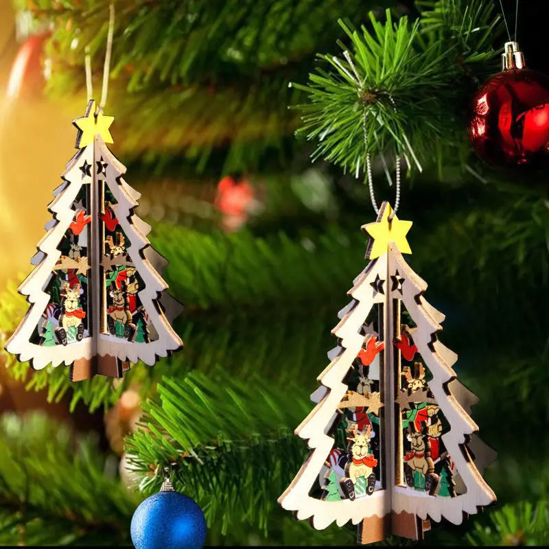 3D деревянные украшения для рождественской елки, подвески для рождественской елки, подвесные вечерние украшения для дома
