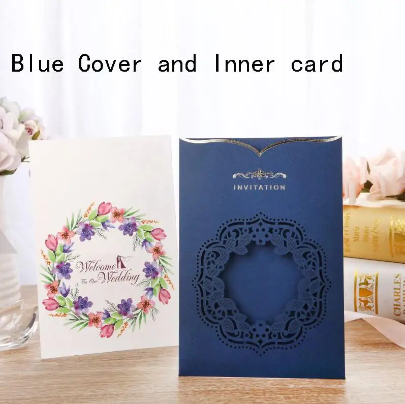 10pcs Blue Laser Cut Wedding Invitations Card Bride and Groom Greeting Cards Customize Envelopes Wedding Event Party Decorations - Цвет: Cover and Insert