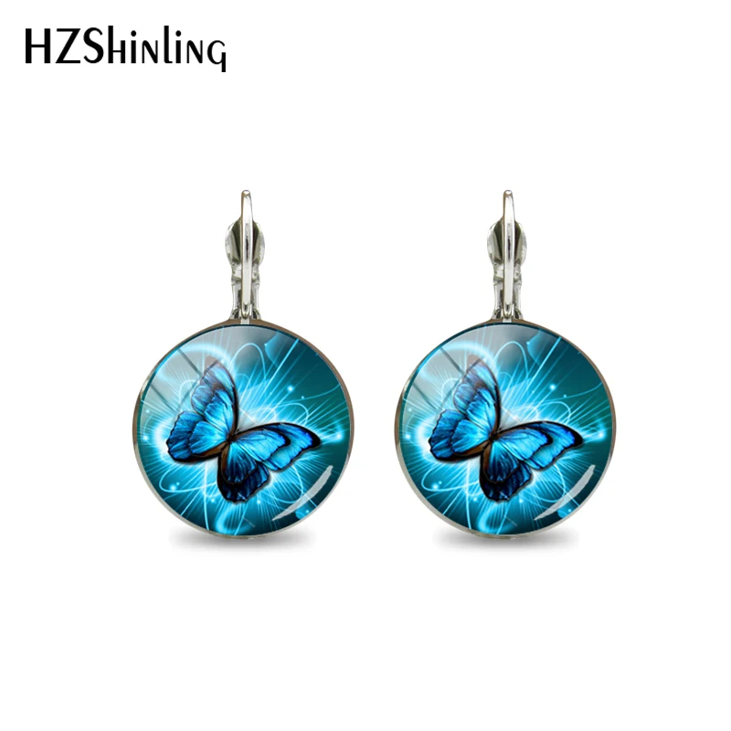 

Magic Charming Blue Neon Butterfly Glass Cabochon Clip Earrings Jewelry Beauty Butterflies Picture Printed Dome Earrings
