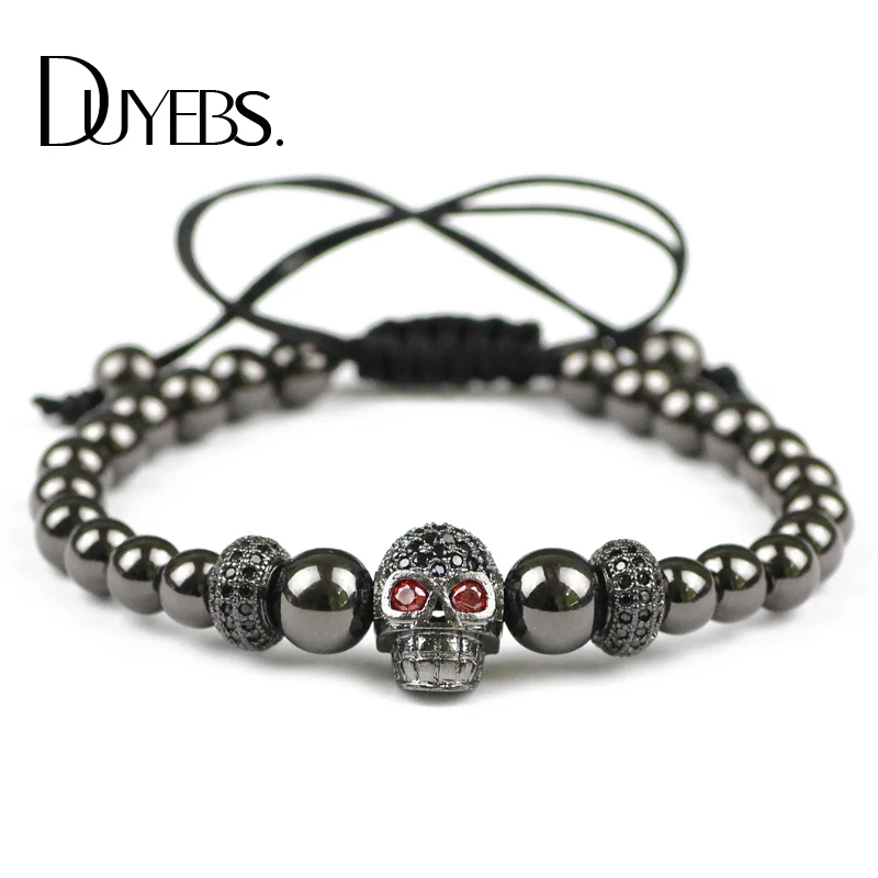 

DUYEBS Trendy Men Skull Charms Bracelet 6mm Gun Black Color Copper Beads Pave CZ Lucky Braided Rope Women Bangle Jewelry Gift