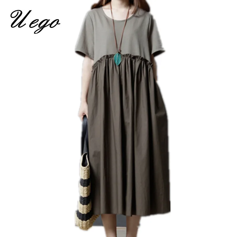 

Uego Summer Dress Cotton Linen Patchwork Loose Women Casual Dress Plus Size Lady Vintage Dress 2019 New Arrival Female Vestidos
