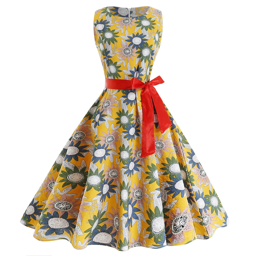 

Vintage Dress Women Summer Big Swing Rockabilly Robe Femme Casual Party Dresses Plus Size Elegant Floral Print A line Midi Dress