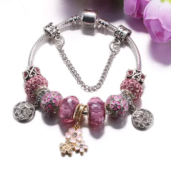 

BAOPON European Style Silver Plated Charm Bracelets&Bangles With pink Glass Beads Fit Pan Bracelet For Women Jewelry