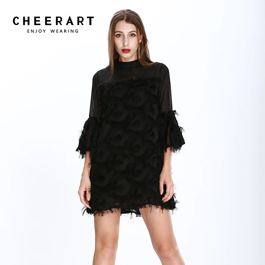 

Cheerart Black Feather Dress Women Flare Sleeve Short Ladies A Line Glitter Dress Spring Fashion Robe Femme Clothing
