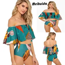 Ретро женский сексуальный цветочный купальник-бикини, с открытыми плечами, купальный костюм, высокая талия, купальник, бандо, для девушек, открытая спина, пляжная одежда