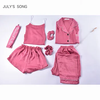 

JULY'S SONG 7 Pieces Pajamas Set Women Autumn Winter Mulberry Sleepwear Casual Sexy Women Silk Pajama Sets Pink Nightwear Sling