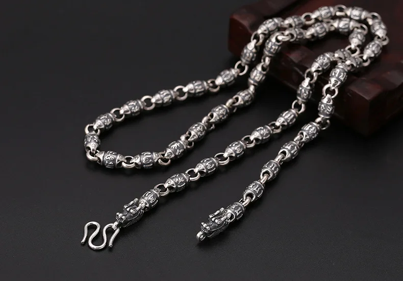 6 мм Толщина м пряжка ожерелье 925 пробы серебро для мужчин Будда мантра Писание Дракон бисера ожерелье кулон ювелирные изделия N20