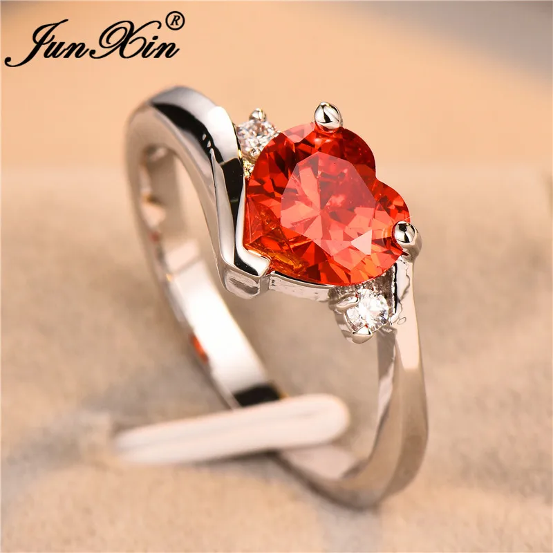 JUNXIN Blue Birthstone Heart Rings For Women White Gold Filled Purple Pink Black Zircon White Fire Opal Engagement Ring Female