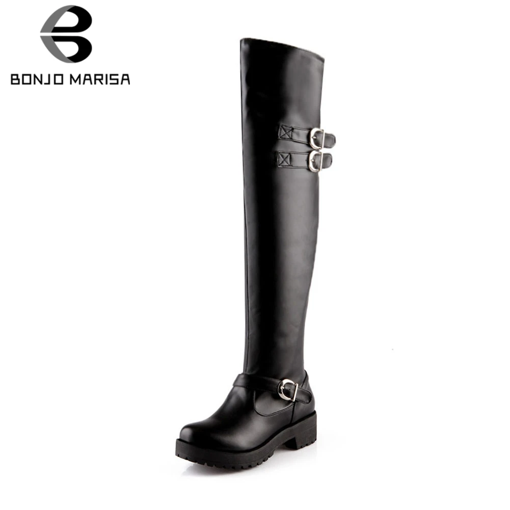 

BONJOMARISA Brand New Big Size 34-43 Belt Buckle Slip On Ladies Platform Shoes Woman Causal Party Ol Winter Over The Knee Boots