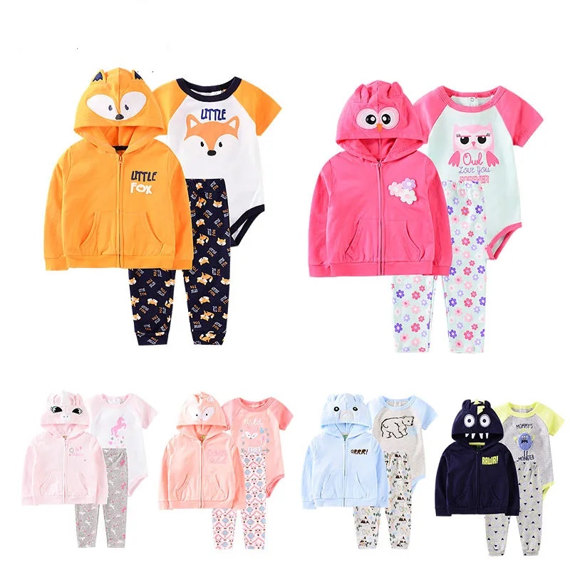

2019 Cotton Fleece Baby Boys Cartoon Animal Romper Hoodie Set Fox Coat+cotton Romper+full Length Pants 3 Pieces Sets Clothes