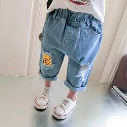 2018 новые летние джинсы для девочек джинсовые штаны корейские Детские рваные Повседневное брюки детские мультфильм Smileface штаны с принтом
