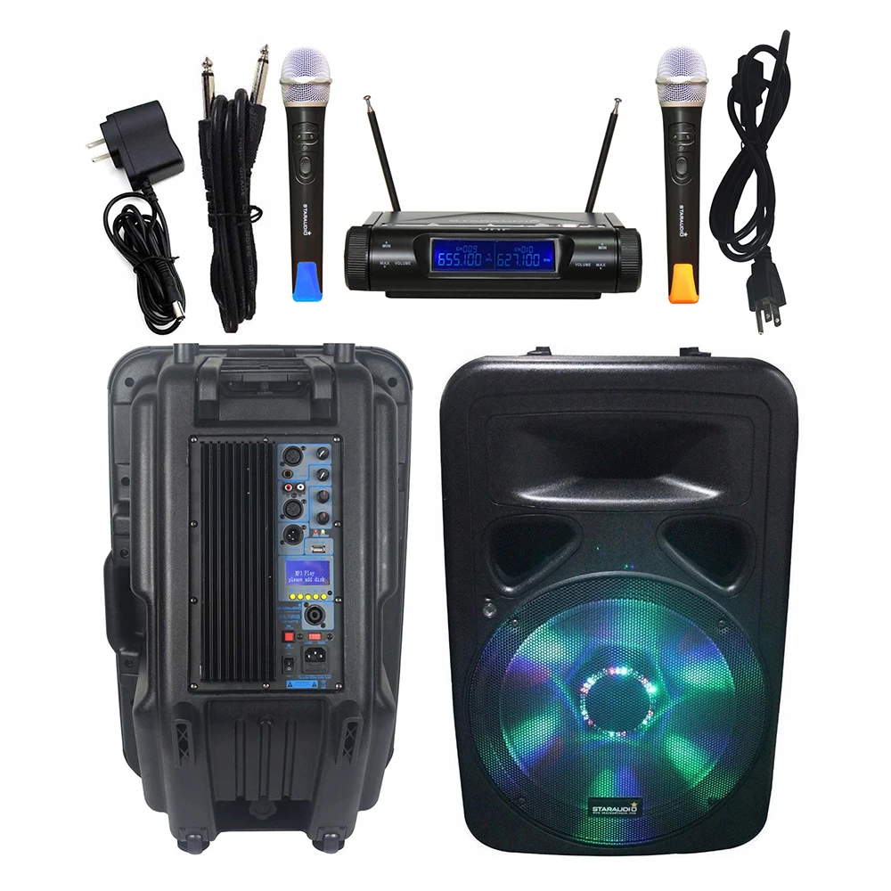 

STARAUDIO 15 Inch 3500W Audio Powered DJ PA Speaker KTV Stage Party LED Light Speaker 2CH UHF Wireless Handheld Mic SML-15RGB