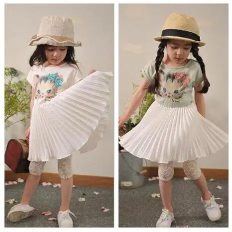 

New children girl dress Summer sweet pleated chiffon kitten print short sleeve dress