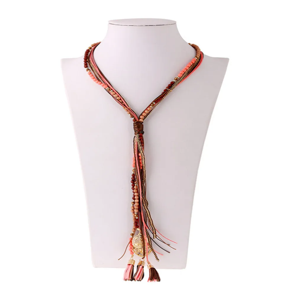 

ECODAY Bohemia Tassel Beads Long Necklace Women Leather Chain Necklace Collares Statement Necklace Bijoux Femme Boho Jewelry