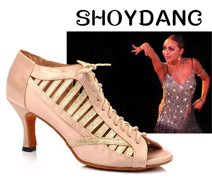 SHOYDANC zapatos de baile latino mujer уникальный дизайн римские сапоги танцевальная обувь для латинских женщин абрикосовый/Коричневый Красный атласные туфли для танцев