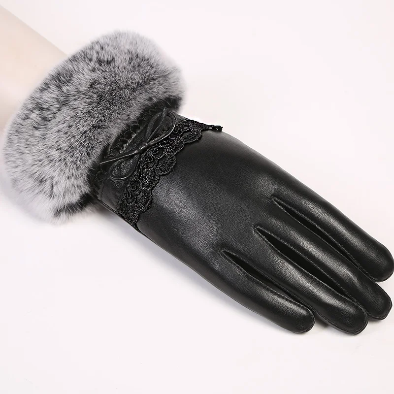 Новинка, женские модные перчатки из кроличьего меха, теплые женские перчатки из натуральной кожи, зимние Утепленные Элегантные Перчатки, варежки для женщин
