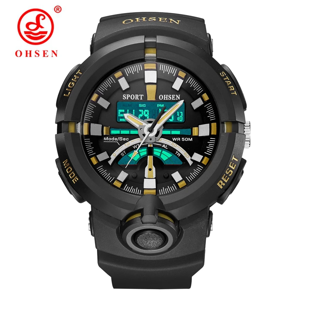 

OHSEN Brand Fashion Gold Men Digital Quartz Sport Wristwatch Watches Rubber Strap 50M Diver Alarm LCD Stopwatch Army male clocks