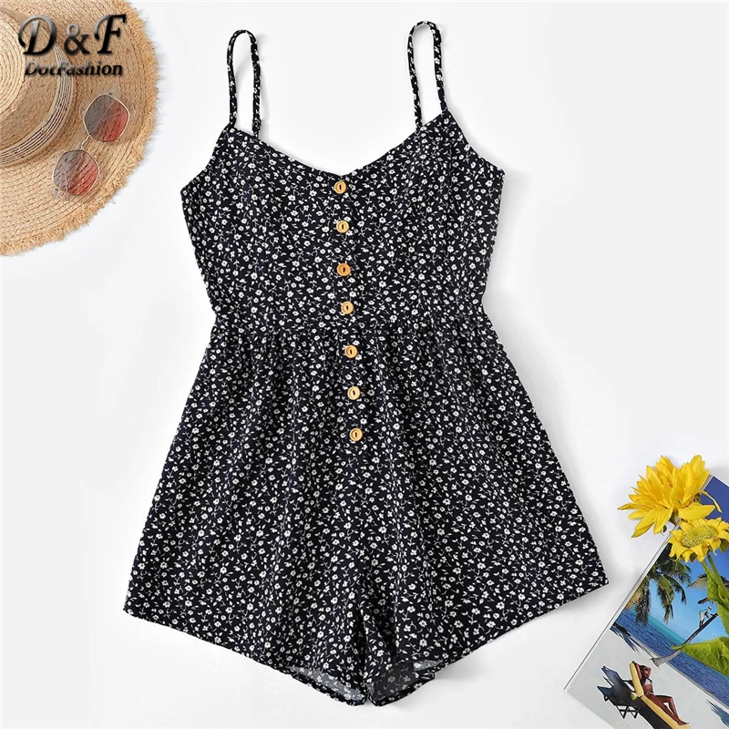 

Dotfashion Plus Size Ditsy Floral Button Front Cami Romper Women 2019 Summer Vacation Spaghetti Strap Boho One Piece Playsuit