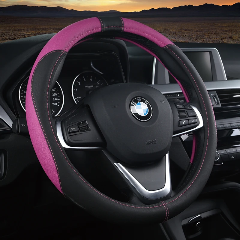 

KKYSYELVA 38cm Auto Steering-Wheel Black Car Styling Steering Wheel Cover Leather Steering Covers Car Interior Accessories