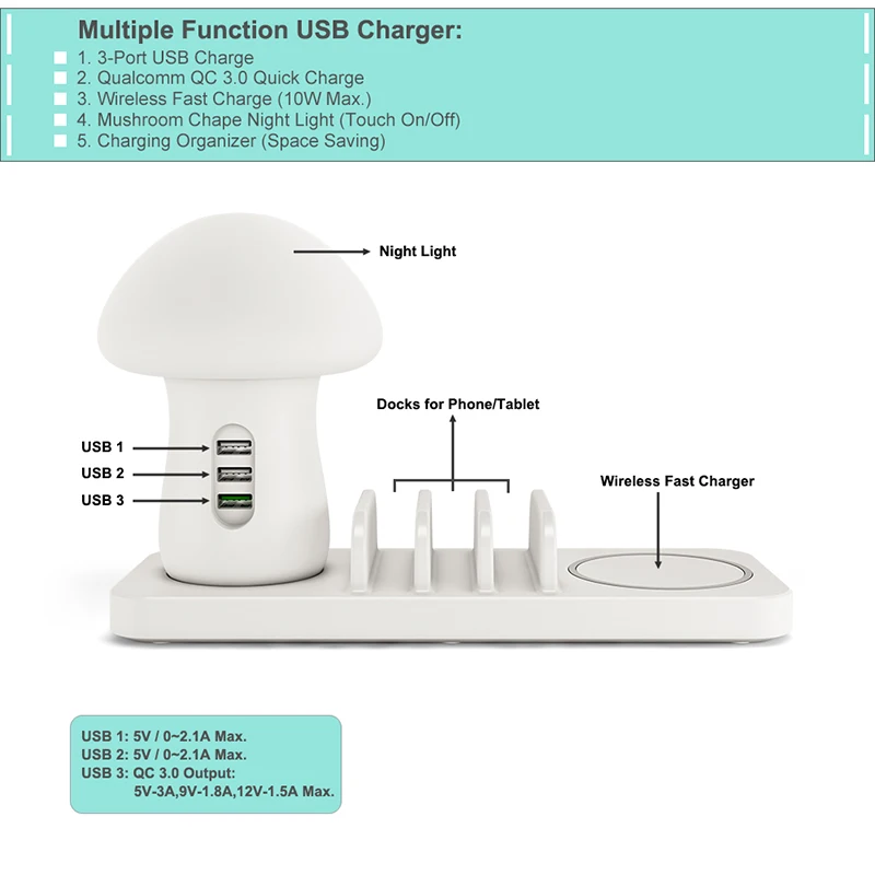 Цена Leebote несколько font b USB b font зарядное устройство для телефона гриб ночник беспроводной зарядный блок док станция QC 3,0 быстрое зарядное устройство для м...