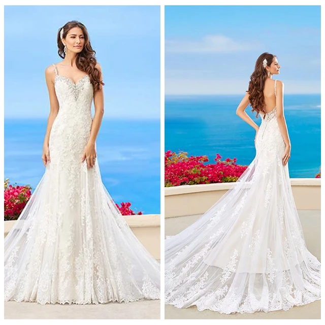 tiras de espagueti vestido de novia sirena apliques de encaje sin