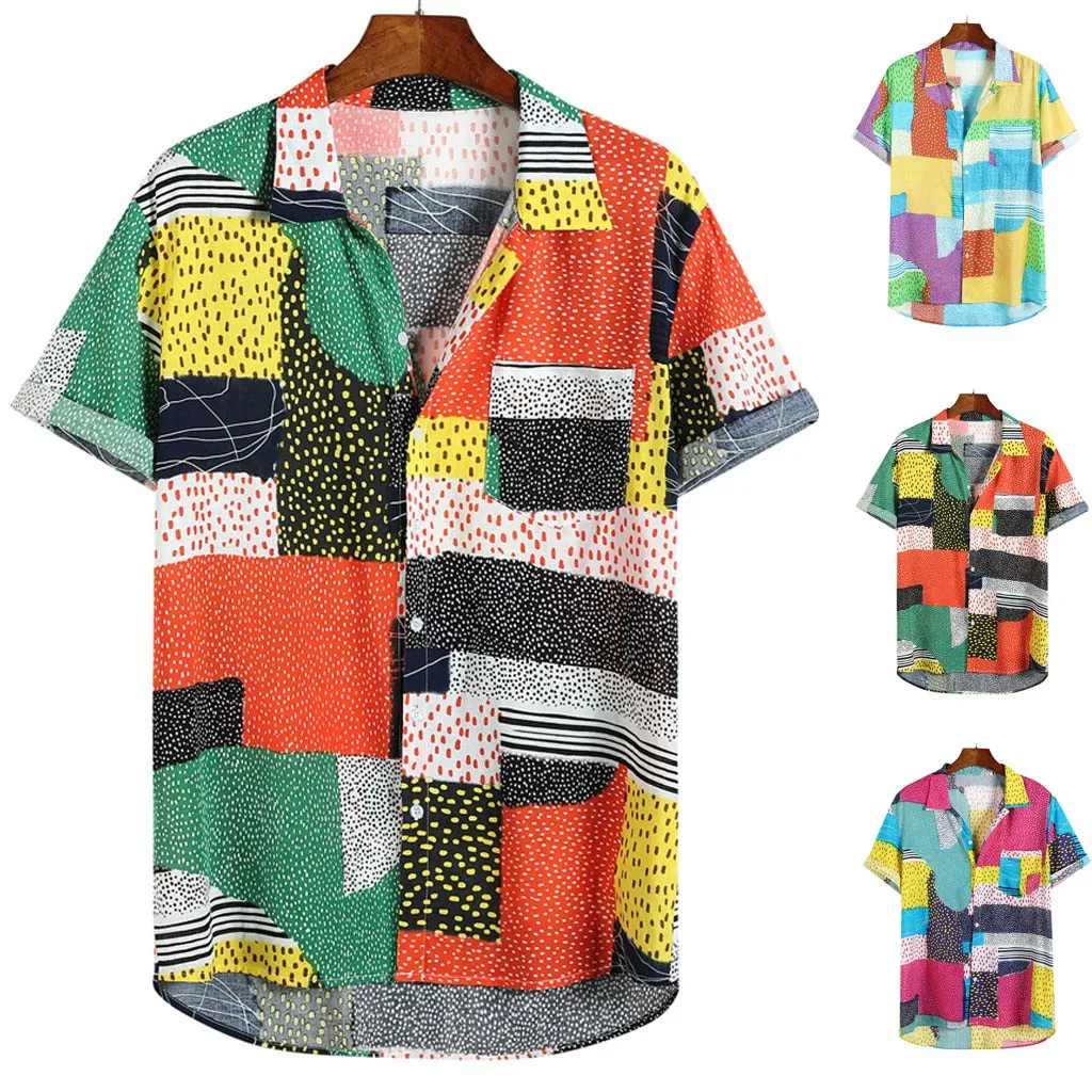 

ISHOWTIENDA 2019 New Men Hit Color Patchwork Chest Pocket TurnDownCollar Short Sleeve Shirt Camicia da uomo Dropshipping 15