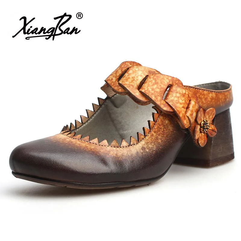 

Xiangban Slip On Womens Sandals Elegant Genuine Leather Women's Slippers Outdoor Summer Shoes Thick Heel