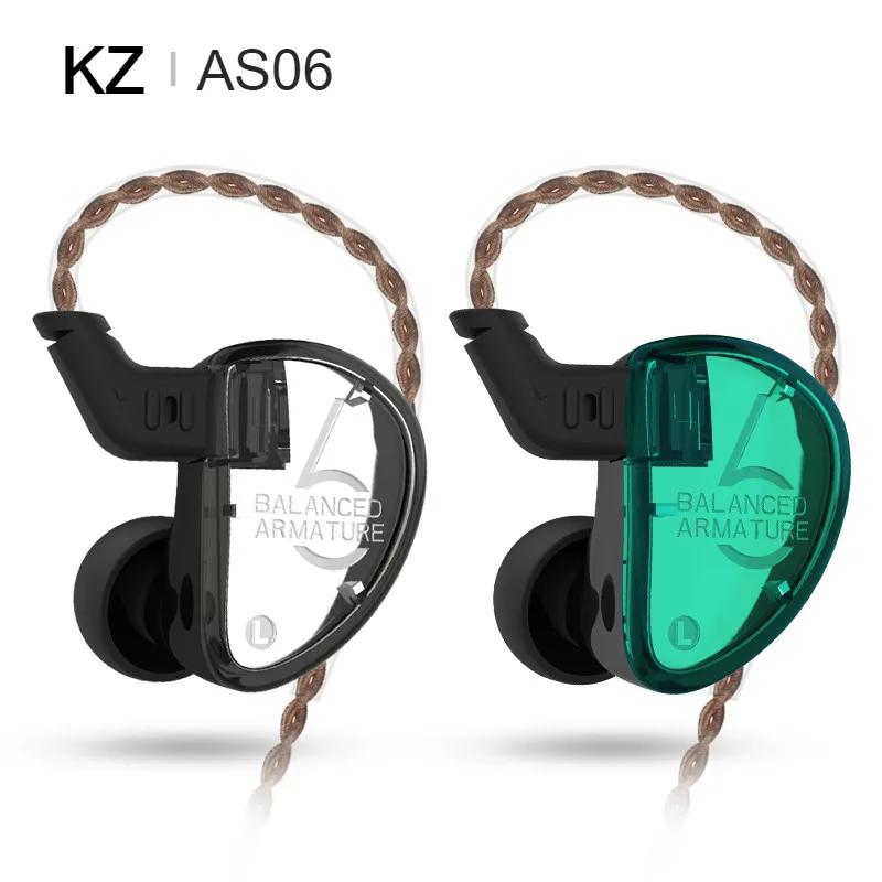 Comprar Auriculares KZ AS06 3BA conductor de armadura equilibrado HIFI en la oreja para Monitor de auriculares bajos auriculares deportivos auriculares de cancelación de ruido auriculares IEM